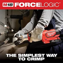 A person uses the Milwaukee M18 Force Logic crimper to secure metal cables. The tool is red with a black handle and features the Milwaukee logo. Text on image reads: "The smartest way to crimp." The background shows a workbench and metal components.