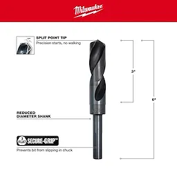 Milwaukee 48-89-2750 Walkaround drill bit showing split point tip, reduced diameter shank, and Secure-Grip feature to prevent slipping.