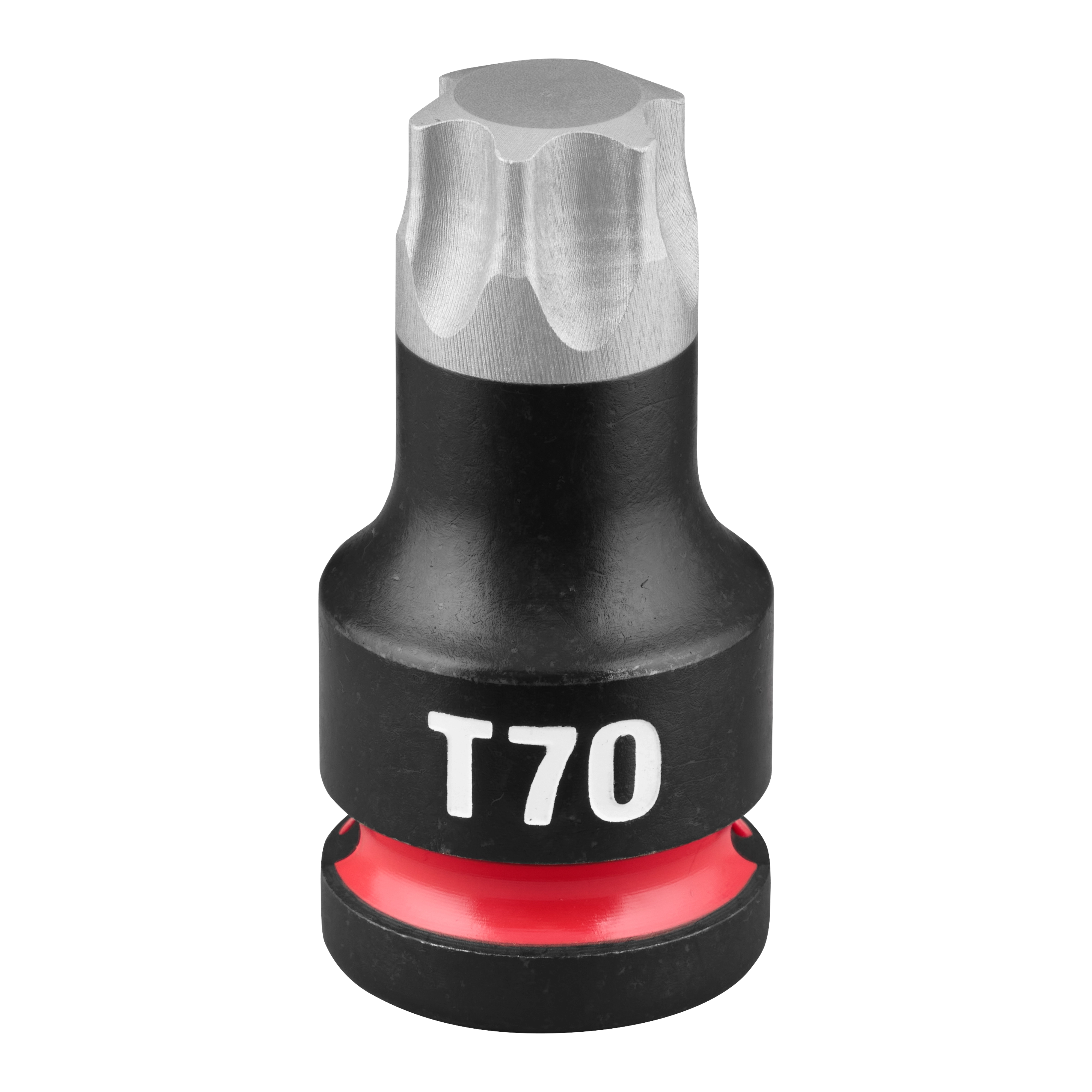 The SHOCKWAVE Impact Duty 1/2" Drive 2" Torx T70 Bit Socket is a sturdy tool with a black and silver body, featuring a T70 marking in white and a red ring at the base.