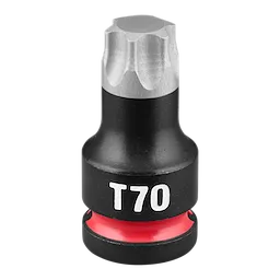 The SHOCKWAVE Impact Duty 1/2" Drive 2" Torx T70 Bit Socket is a sturdy tool with a black and silver body, featuring a T70 marking in white and a red ring at the base.