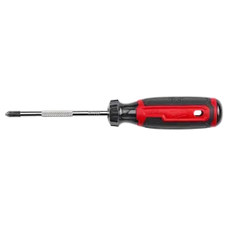 %232 Phillips 4" Cushion Grip Screwdriver (USA) has a black and red plastic handle with grip texture for comfort. The steel shaft is partially knurled for improved control, ending in a Phillips #2 tip. The handle is branded and includes a hanger hole for storage.