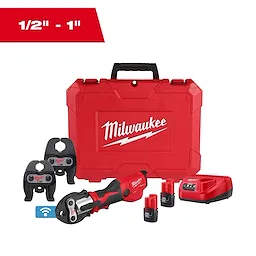 M12 FORCE LOGIC Press Tool Kit w/ ONE-KEY includes a red press tool, red case, two black jaws, batteries, and a charger.