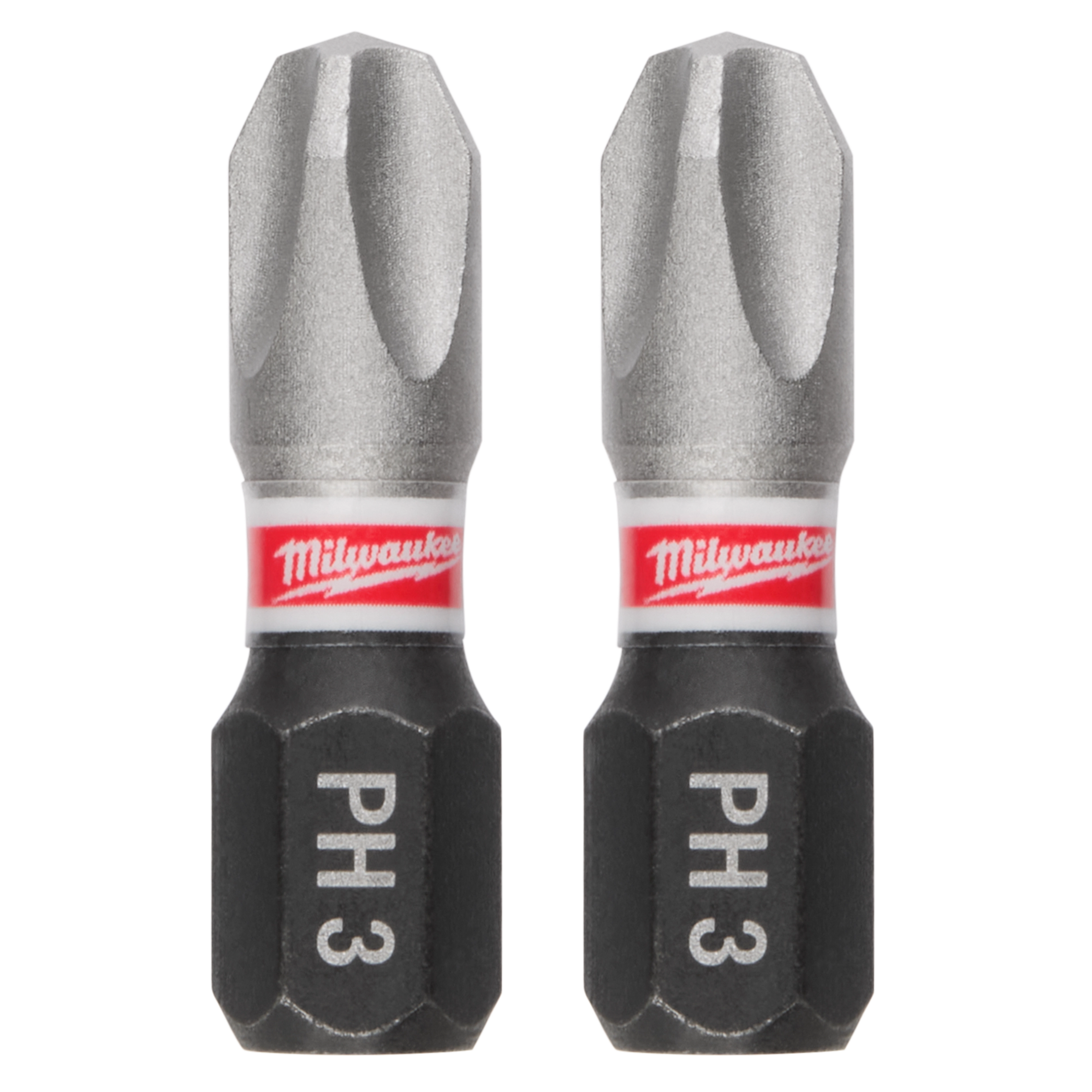 The image shows two SHOCKWAVE™ 1" Impact Duty Phillips #3 Insert Bits (2 PK) from Milwaukee, with "PH 3" and "Milwaukee" written on each bit.