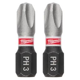 The image shows two SHOCKWAVE™ 1" Impact Duty Phillips #3 Insert Bits (2 PK) from Milwaukee, with "PH 3" and "Milwaukee" written on each bit.