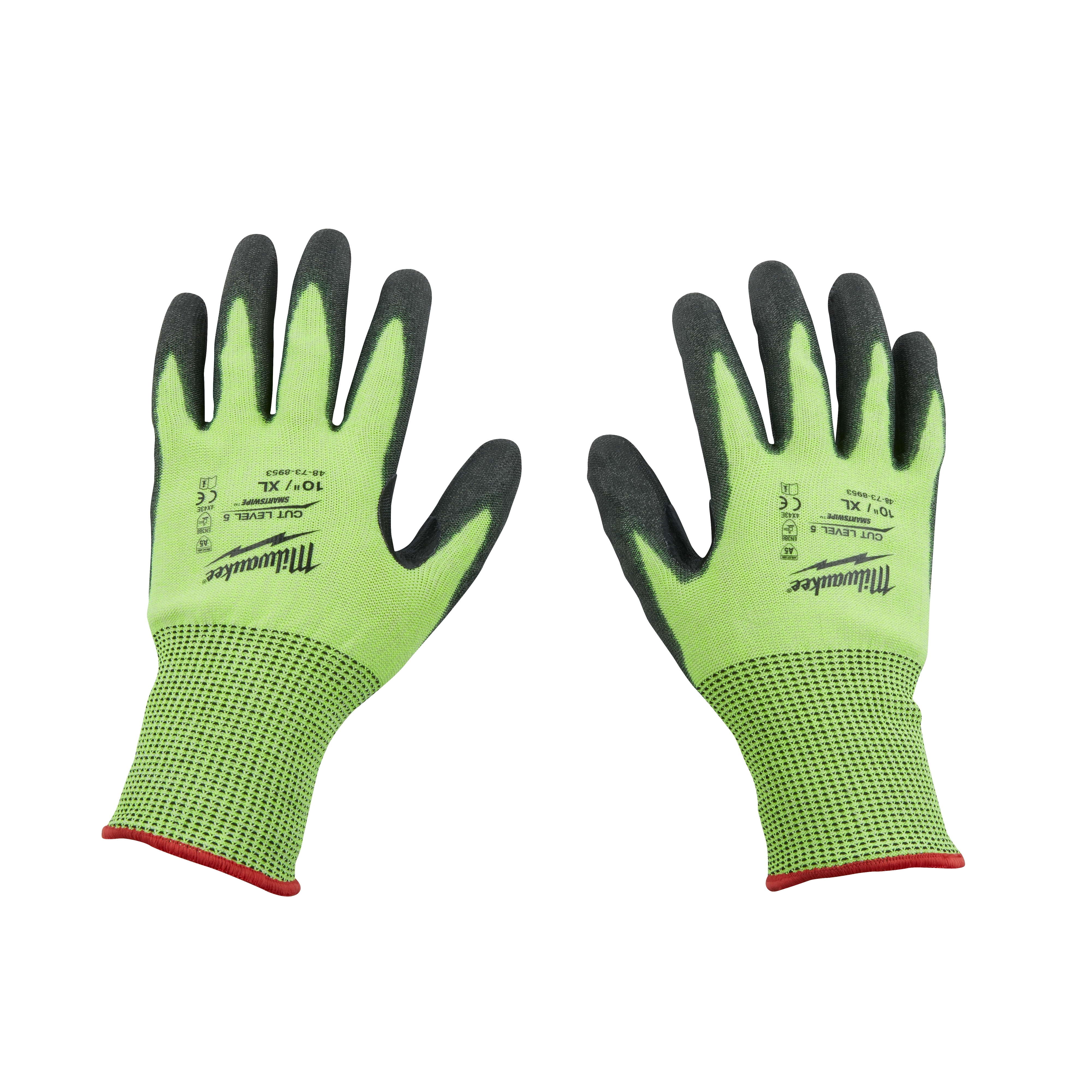 High Visibility Cut Level 5 Polyurethane Dipped Gloves, green with black fingertips and palms, red trim, extra-large size.