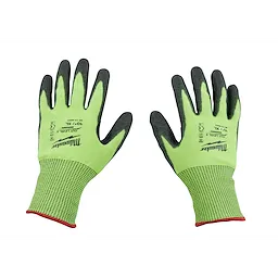 High Visibility Cut Level 5 Polyurethane Dipped Gloves, green with black fingertips and palms, red trim, extra-large size.
