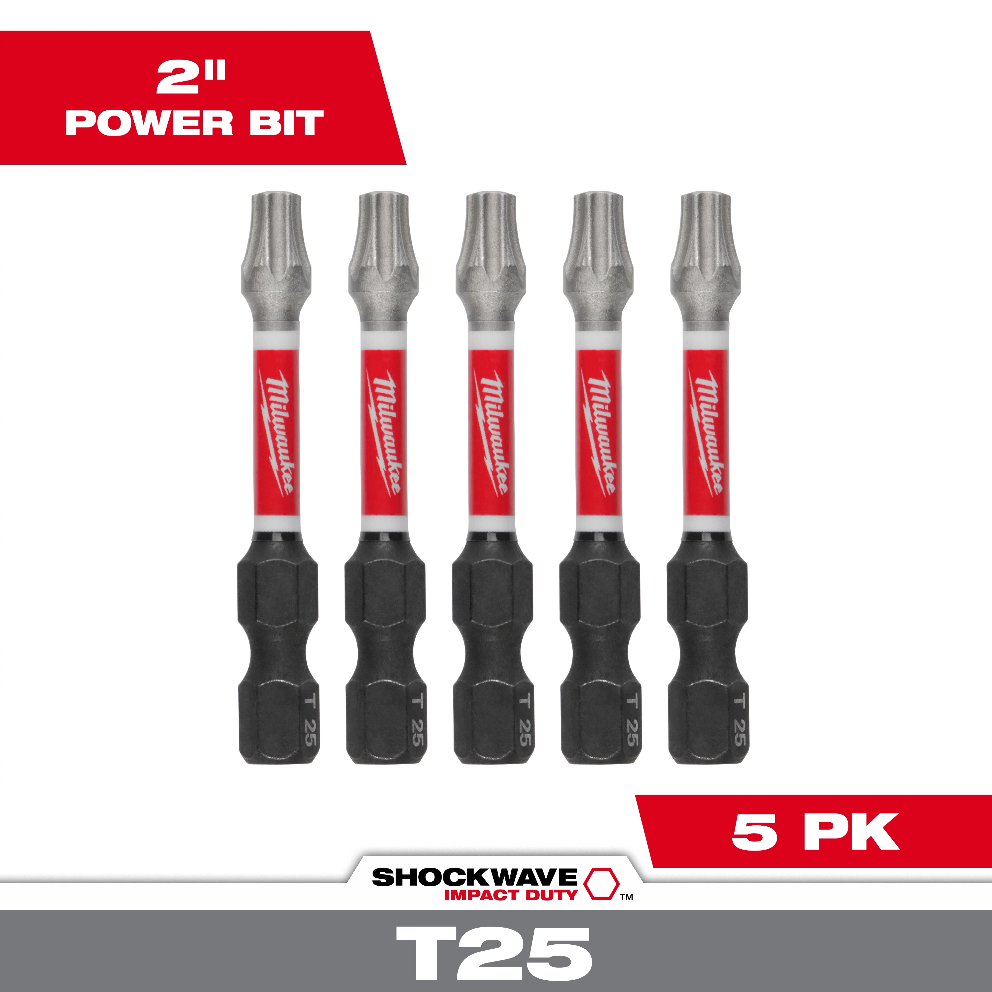 The image shows a pack of five SHOCKWAVE™ 2" Impact Duty TORX® T25 Power Bits. Each bit features the Milwaukee logo on a red band in the middle. The packaging highlights "2" Power Bit" and "5 PK."