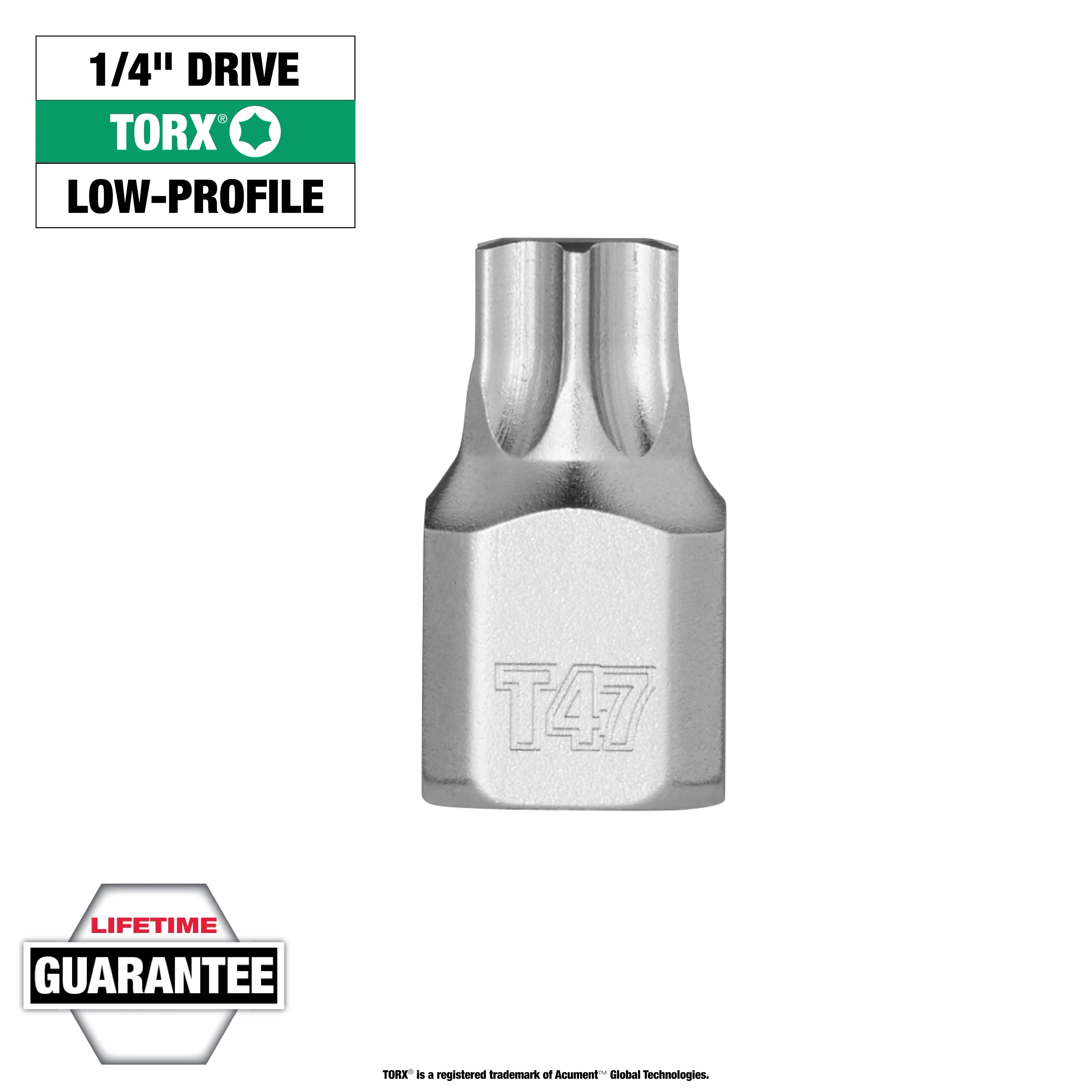 1/4" Drive T47 Low-Profile TORX Bit Socket shown with a lifetime guarantee label. Silver, compact design with T47 marking.