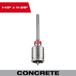 1-1/2" x 11-3/8" One Piece SDS Max Core Bit with a metallic body, shown with a concrete application label.