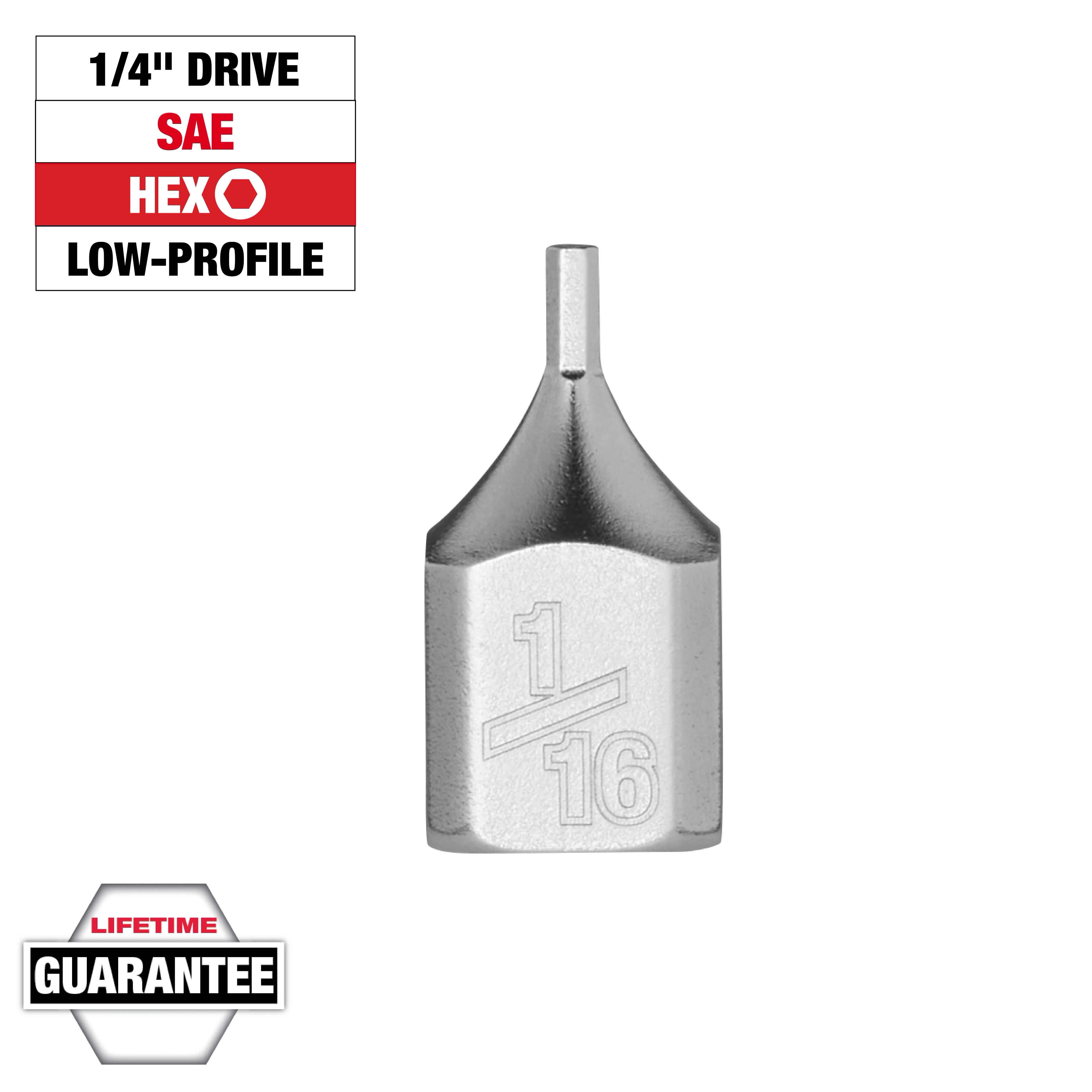 1/4" Drive 1/16" Low-Profile Hex Bit Socket with a lifetime guarantee.
