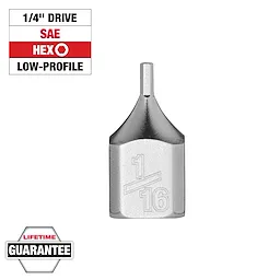 1/4" Drive 1/16" Low-Profile Hex Bit Socket with a lifetime guarantee.