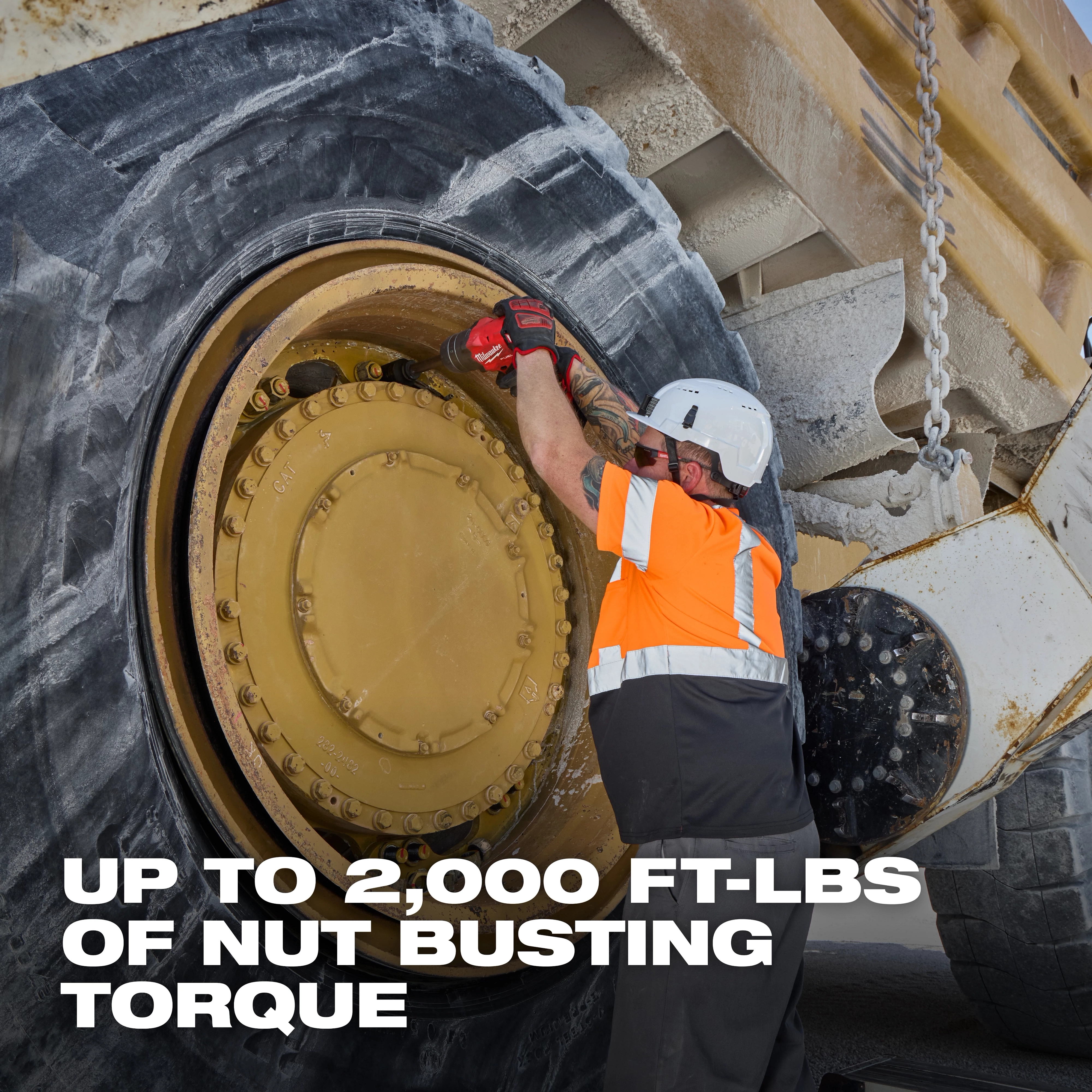 Worker using M18 FUEL 3/4" Extended Anvil High Torque Impact Wrench w/ ONE-KEY Kit on a large vehicle wheel.