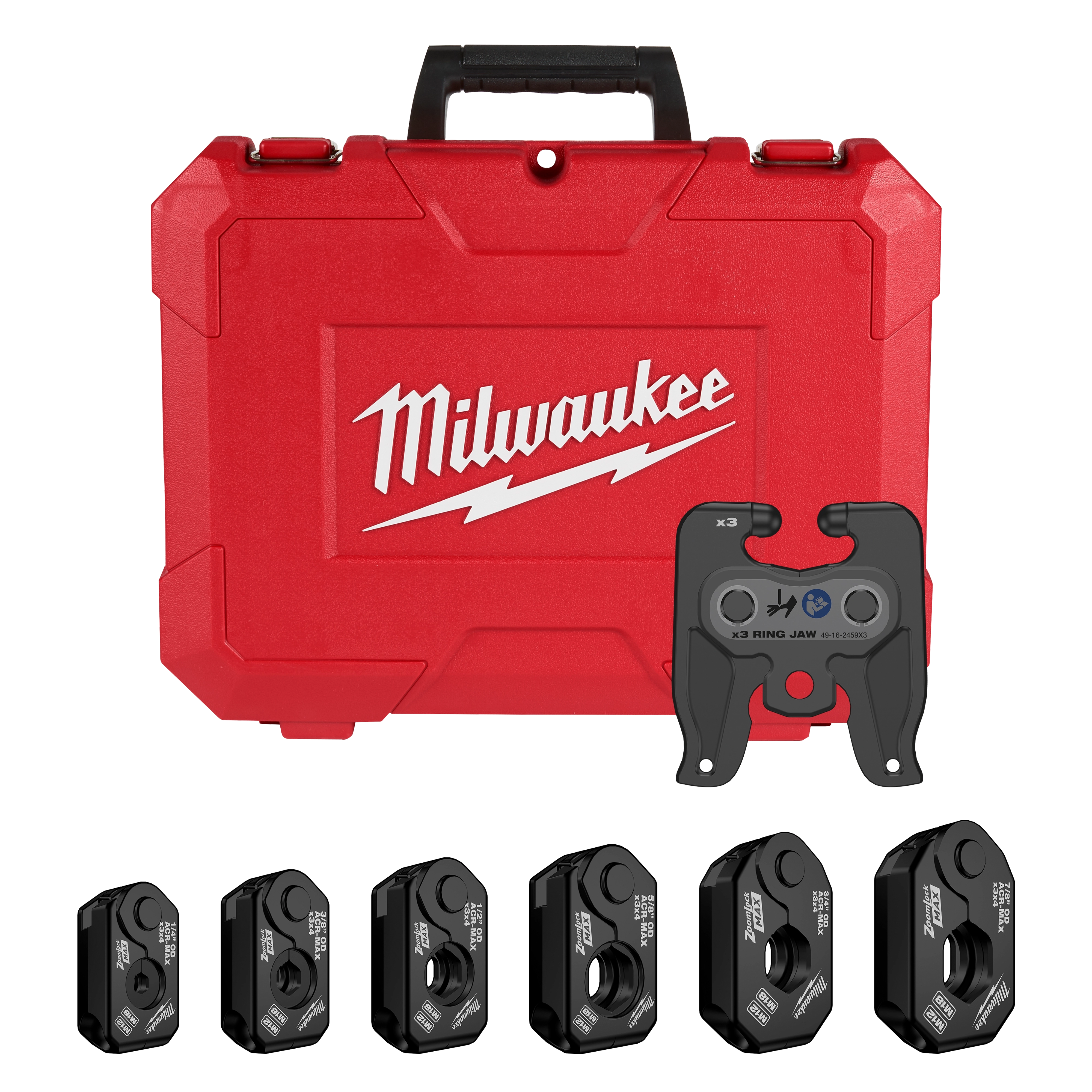 Milwaukee ZoomLock MAX® & MaxiPro® Pivoting Press Ring Kit for M12™ FORCE LOGIC™ Press Tool includes a red carrying case with the Milwaukee logo and various black press rings ranging from 1/4” to 7/8” displayed below.