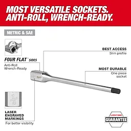 3/8” Drive Long Hex Bit Socket Set - SAE with anti-roll, wrench-ready four flat sides, best access slim profile, and laser-engraved markings.