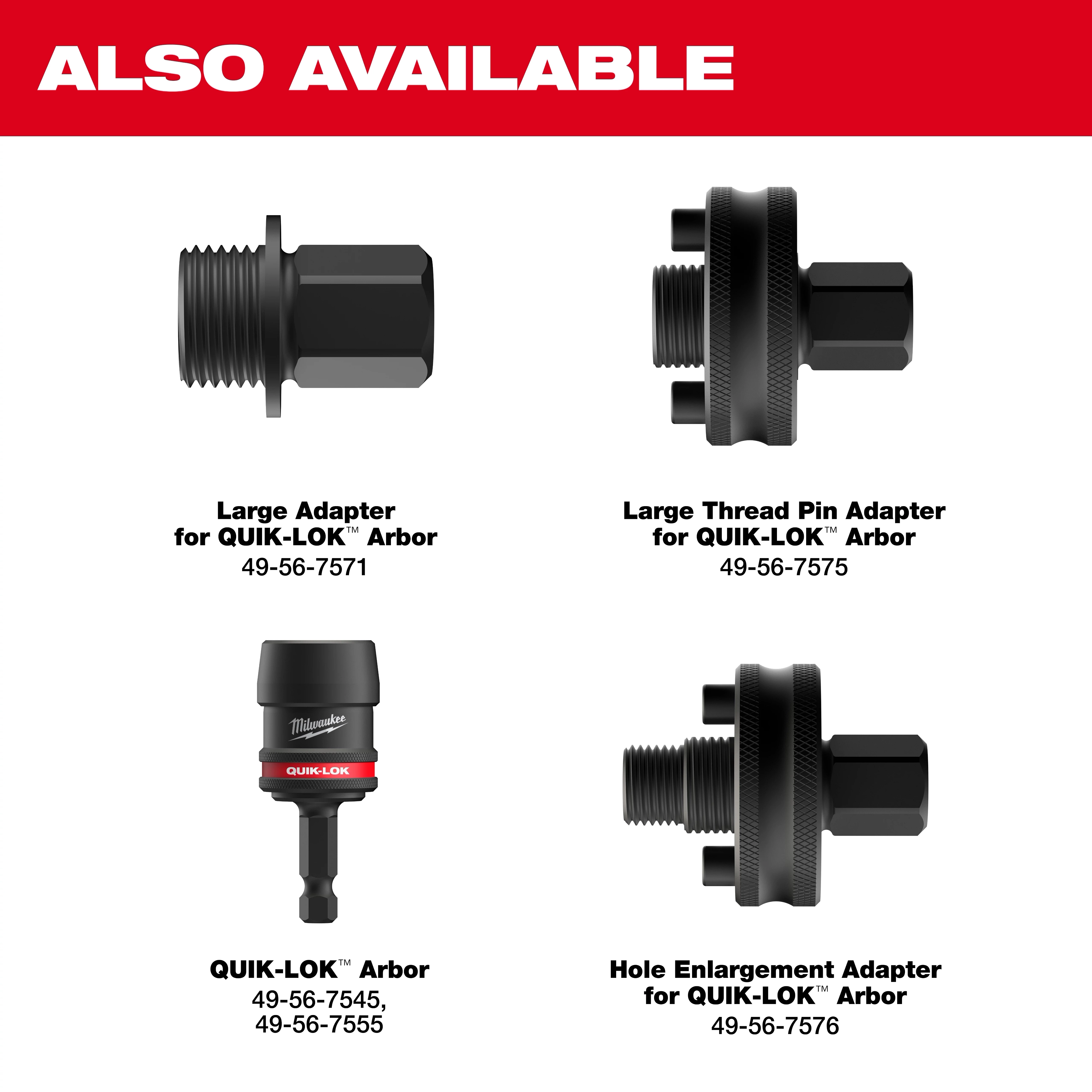 Three black adapters and a main QUIK-LOK™ Arbor are displayed against a white background. Each adapter has a label indicating its specific use: large adapter, large thread pin adapter, hole enlargement adapter, and QUIK-LOK™ Arbor. The product is described as "5PK Small Adapters for QUIK-LOK™ Arbors."