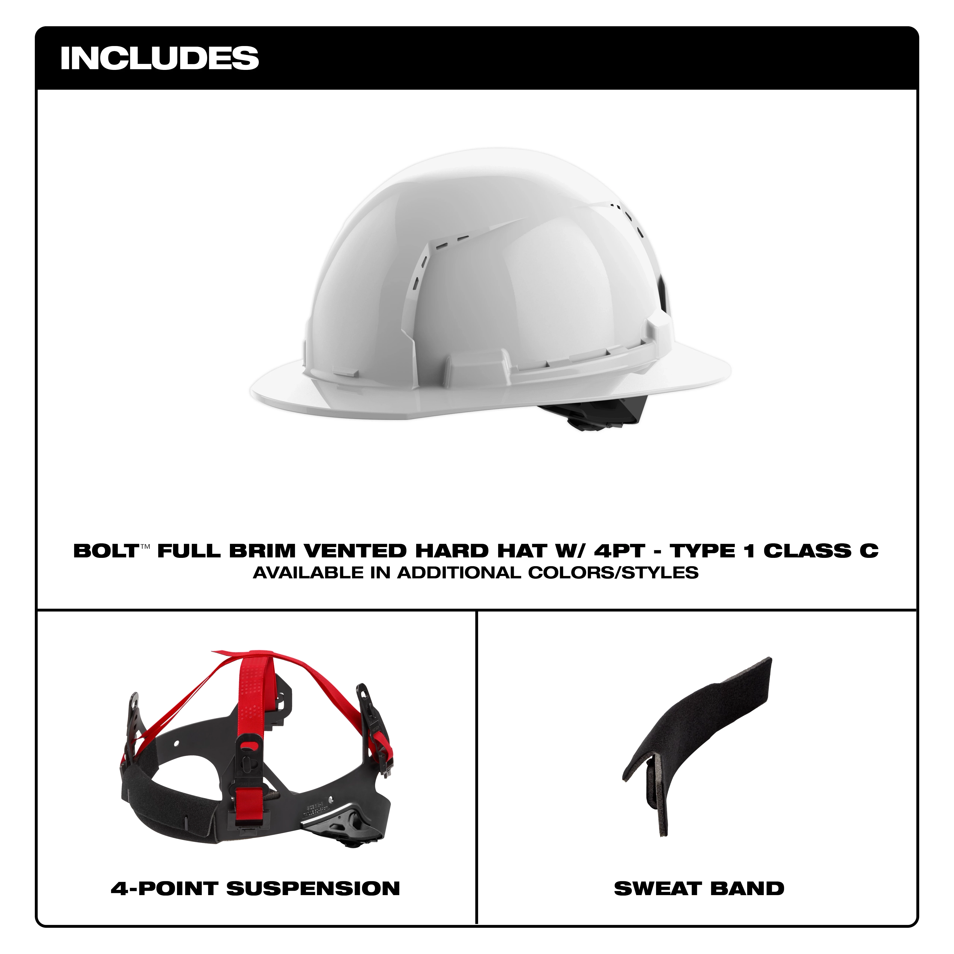 BOLT White Full Brim Vented Hard Hat with 4-point ratcheting suspension, Type 1, Class C (USA). Features include a full-brim design, ventilation holes, a red adjustable suspension system, and a sweatband. Available in additional colors and styles.