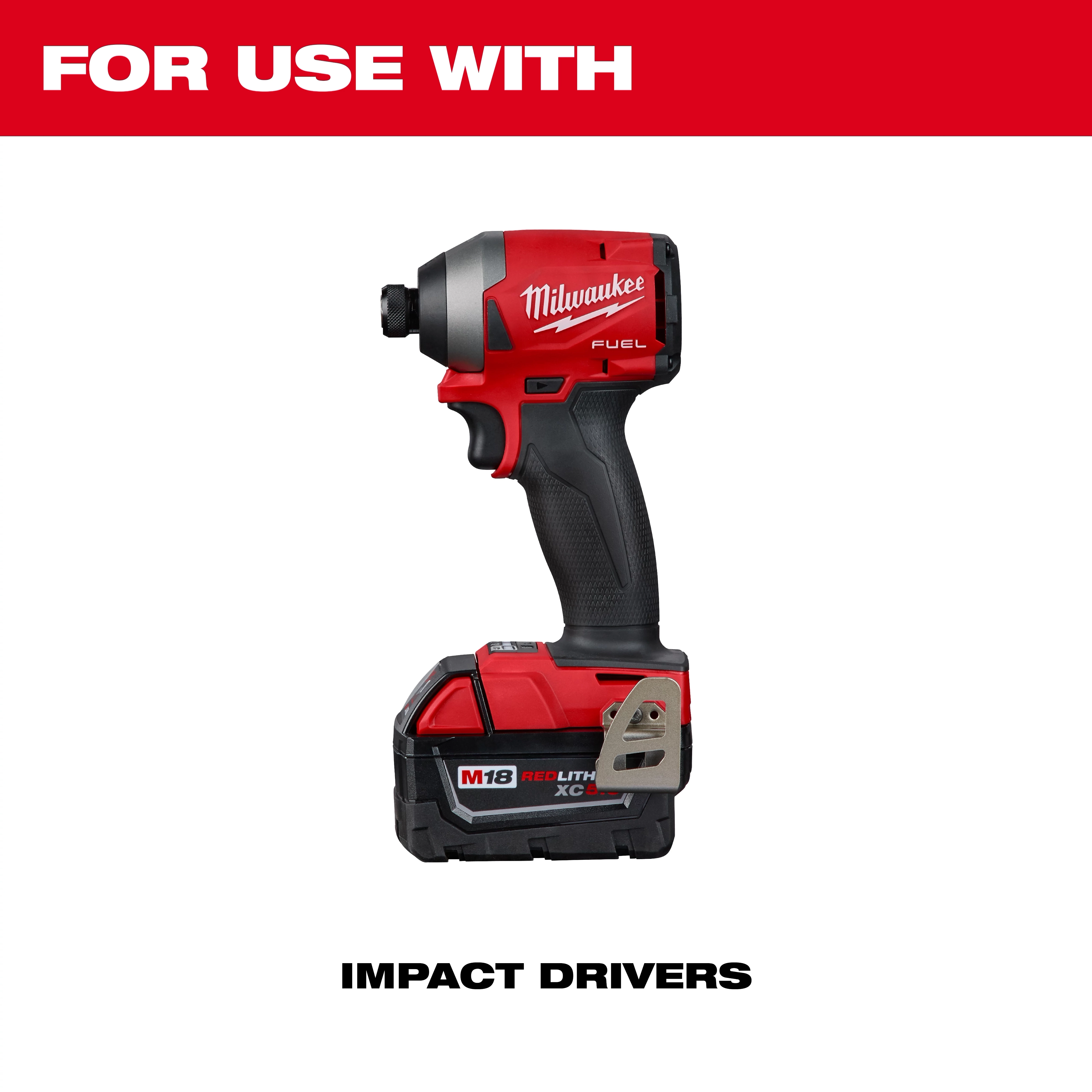 The Wire Nut Twister is compatible with the Milwaukee Fuel series impact drivers. This product is intended for use with the M18 Red Lithium XC5 battery pack. The image shows the impact driver tool with a focus on its ergonomic design and red and black color scheme.
