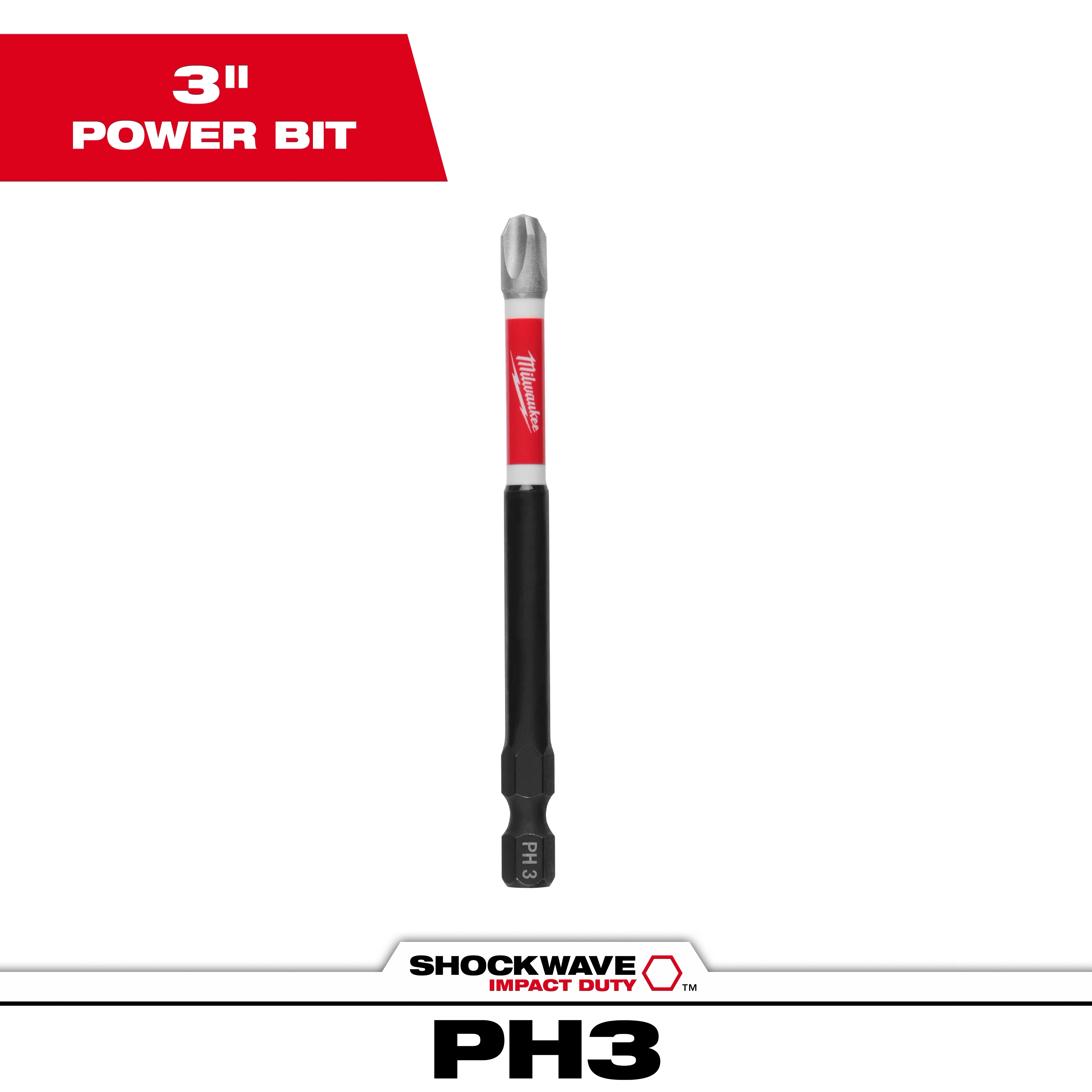 The image shows a SHOCKWAVE™ 3” Impact Duty Phillips #3 Power Bit by Milwaukee. It has a Phillips #3 head, a red and black shank, and is labeled "PH3" at the base. The top left corner indicates the bit length of 3 inches.