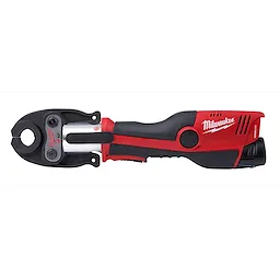 A 1/2" IPS Jaw for M12 FORCE LOGIC Press Tool in red and black with a handle and press mechanism. Manufacturer name on the side.
