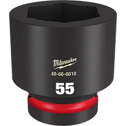 1" DR 55MM STD Impact Socket by Milwaukee, model number 49-66-6610. The socket is black with a red bottom band and "55" printed in white on the side.