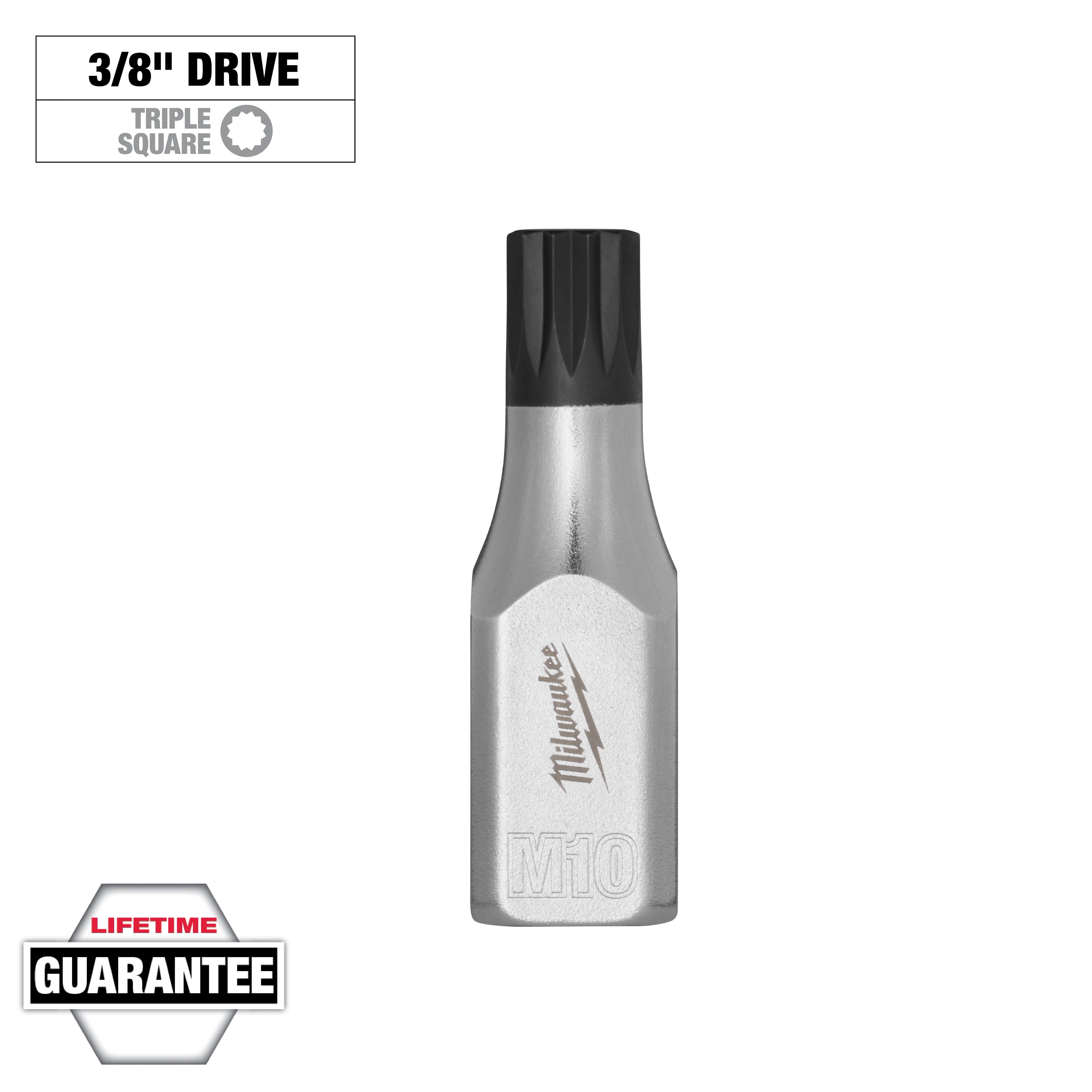 3/8" Drive 10mm Triple Square Bit Socket with engraved "M10" and brand name. Lifetime guarantee label included.