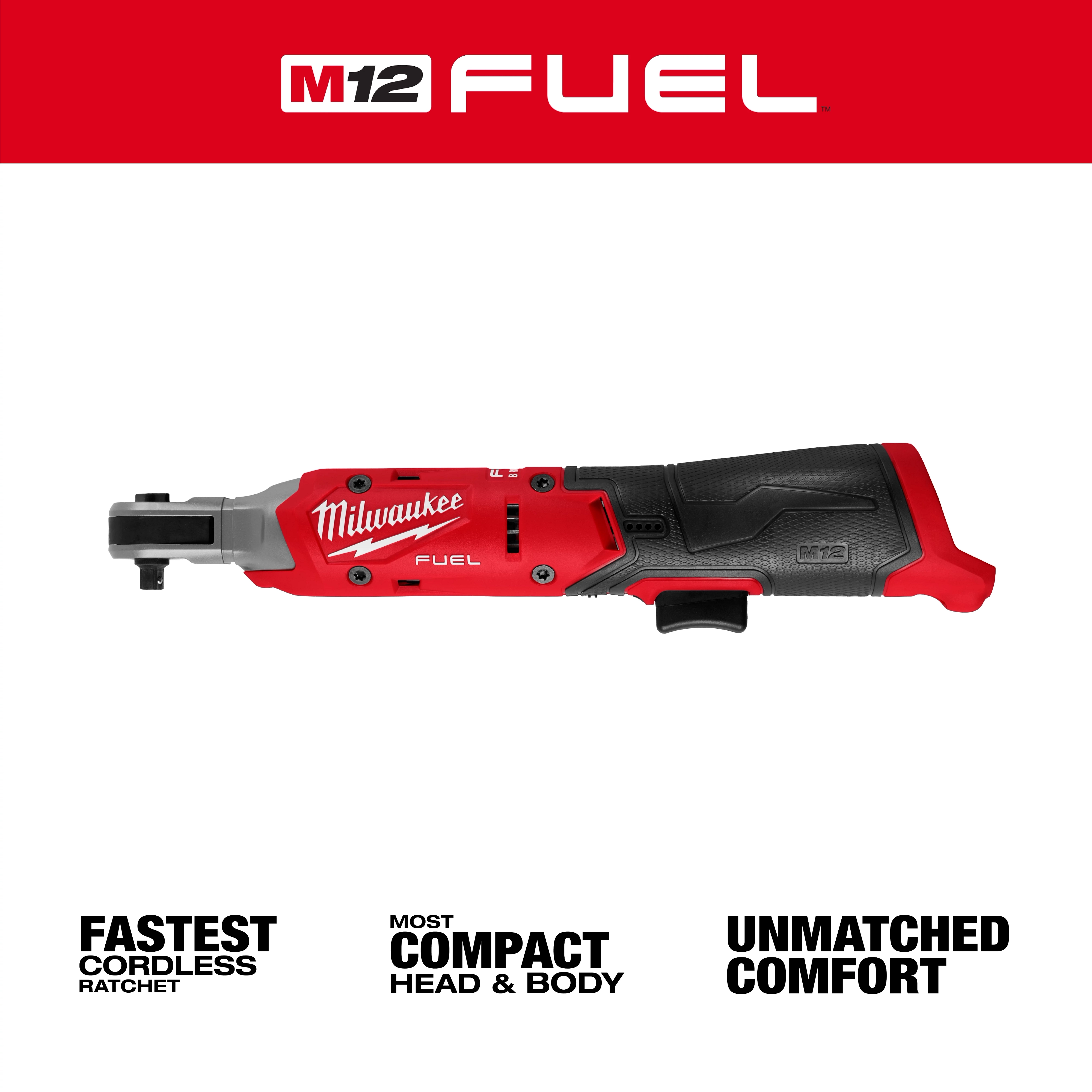The Milwaukee M12 FUEL 1/4" Ratchet is a compact, cordless tool with a red and black design, offering fast performance and unmatched comfort.