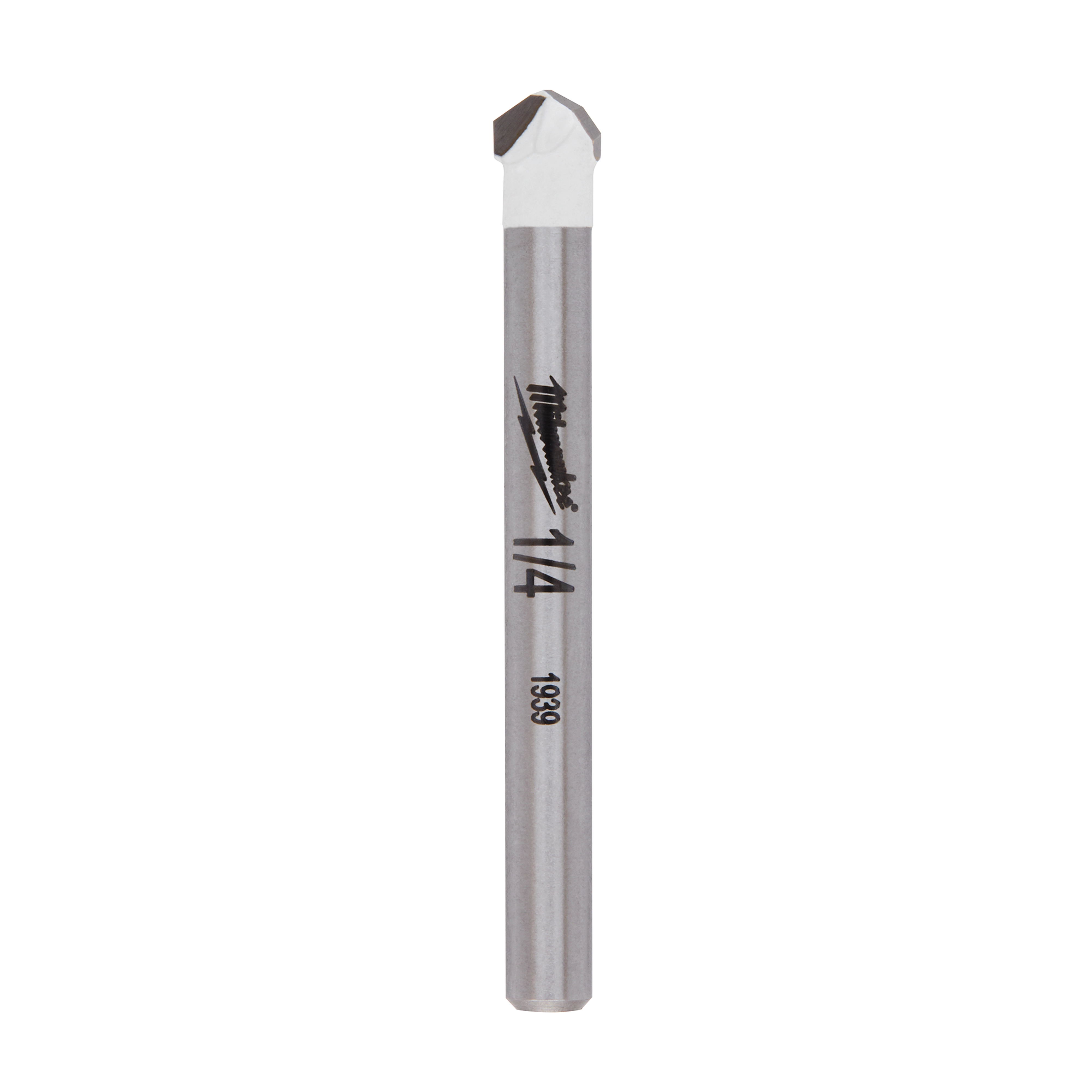 1/4" Natural Stone Bit with tungsten carbide tip suitable for drilling natural stone and concrete; silver, cylindrical drill bit with engraved markings.