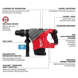 Red Milwaukee M18 FUEL 1-9/16" SDS Max Rotary Hammer with ONE-KEY. Features include SDS Max chuck, brushless motor, LED light, and variable speed.