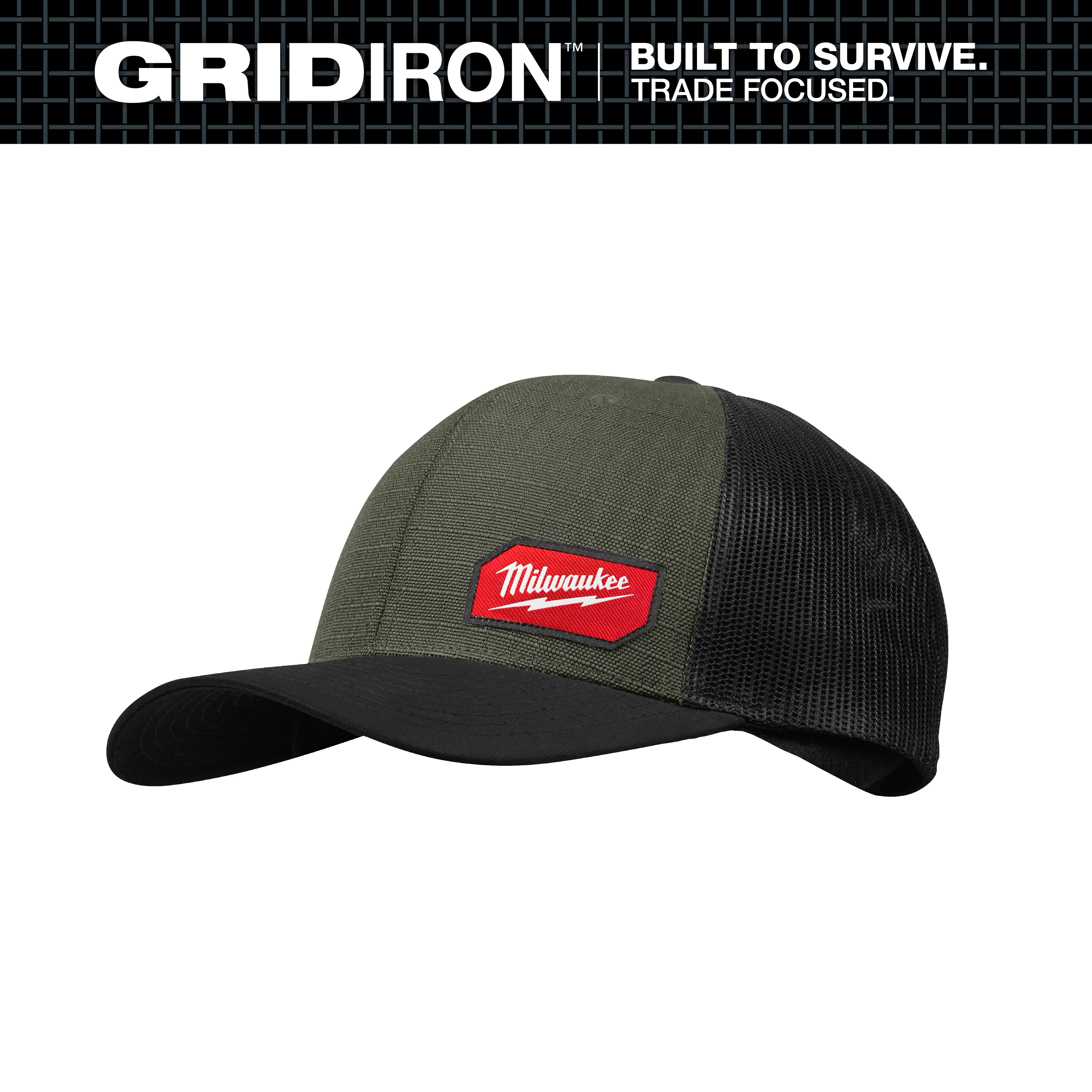 GRIDIRON Snapback Trucker Hat with curved bill and mesh back panel on a plain white background.