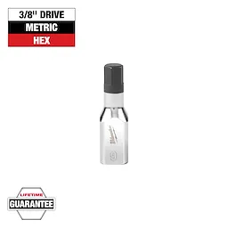 A metal hex drive socket from Milwaukee is shown. It is a 3/8-inch drive, metric hex tool with a lifetime guarantee. The background is plain white, and the tool is centered in the image.