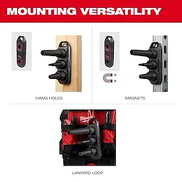 The M18™ Brushless Precision Blower is shown mounted in three different ways: using hang holes on a wooden surface, magnets on a metal surface, and a lanyard loop on a tool bag. The image highlights the blower's mounting versatility and practical features for various work environments.