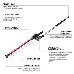 M18 FUEL QUIK-LOK Articulating Hedge Trimmer Attachment with long pole and red 20" blade set on white background.