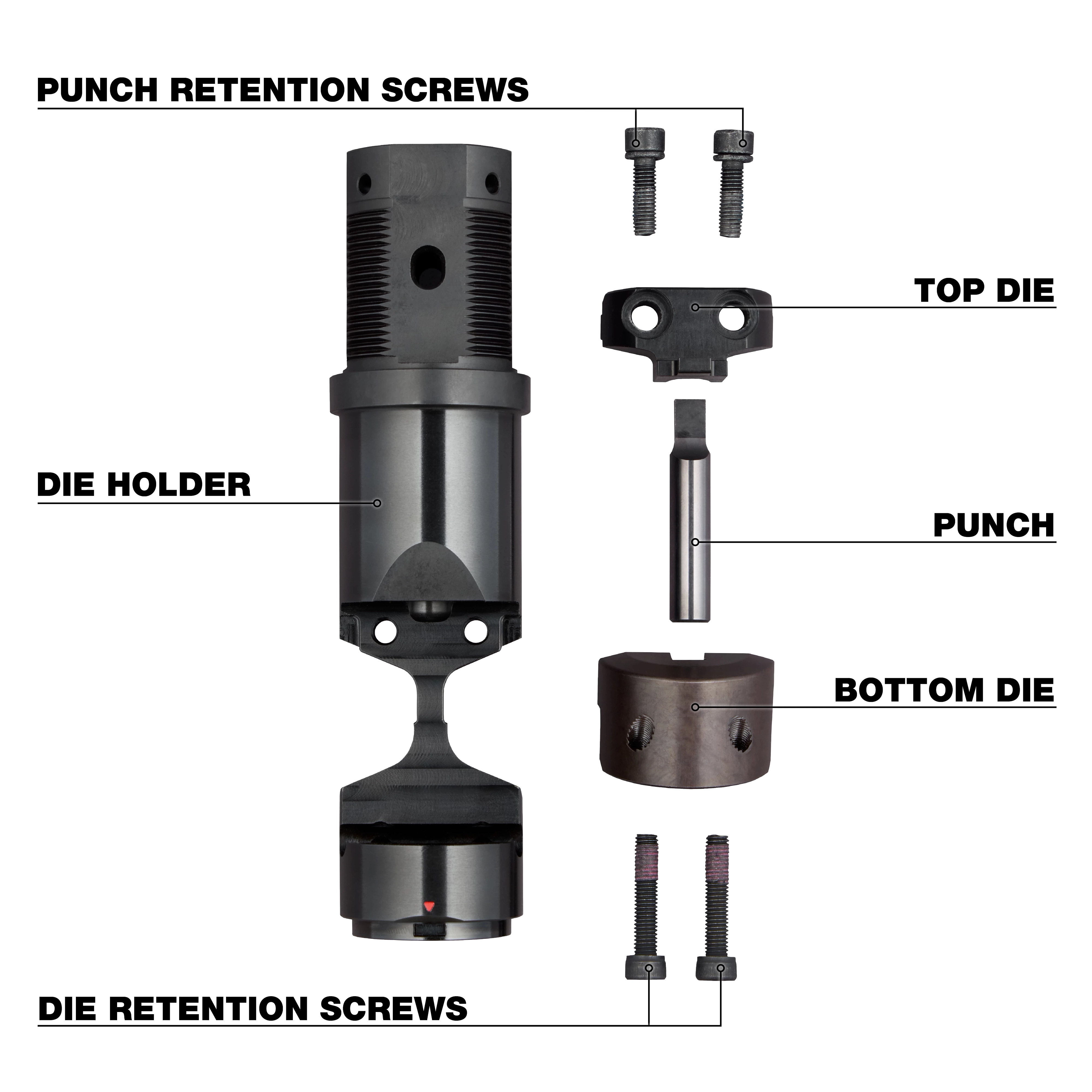 The image shows components of the M18 FUEL™ 10 Ga Die Holder Kit, including labeled parts: punch retention screws, die holder, top die, punch, bottom die, and die retention screws. Each part is displayed individually with clear labels indicating their names and positions.