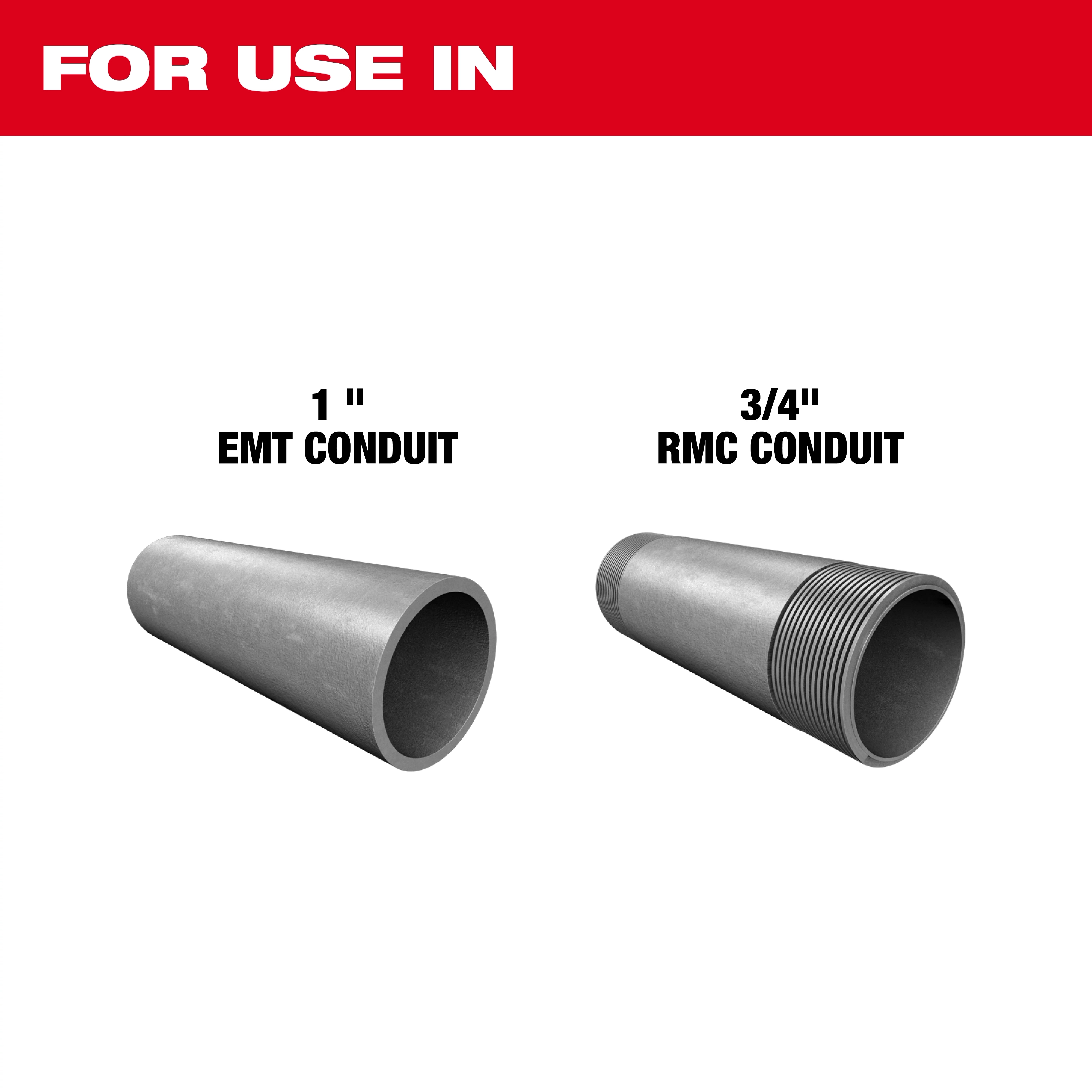 This image shows the 1” EMT / 3/4” RMC Conduit Bending Shoe. It illustrates two types of conduit pipes: a 1-inch EMT conduit and a 3/4-inch RMC conduit with threading, both shown for use with the bending shoe.