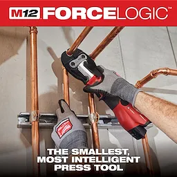 M12 FORCE LOGIC PRESS TOOL KIT w/ ONE KEY with 3/8", 3/4", & 7/8" ZoomLock MAX & >B< MaxiPro Press Jaws pressing pipes.