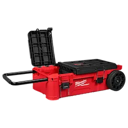 PACKOUT Rolling Tool Chest with Compact Split Lid shown open, with extended handle and large wheels on one side.