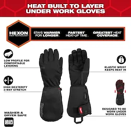 Heated Work Glove Liners feature Hexon heat technology, offering increased warmth, fast heat-up time, and excellent coverage. They have a low profile, high dexterity, elastic wrists, and are designed to layer under work gloves. They are washer and dryer safe with a two-way stretch for comfort.