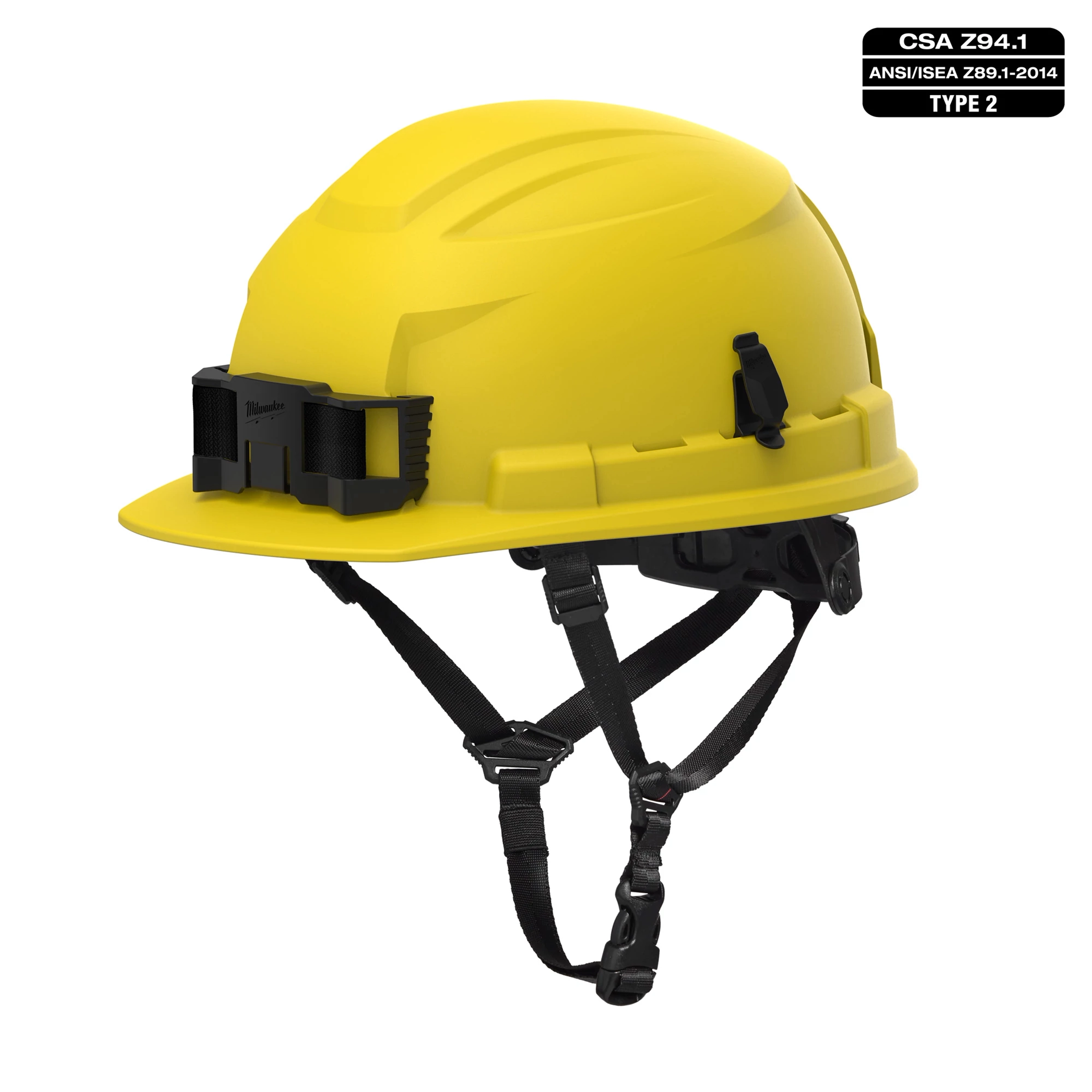 BOLT 4PT Yellow Front Brim Non-Vented Safety Helmet - Type 2, Class E with a black adjustable chin strap, side clips, and accessory slot.