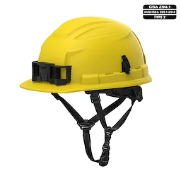 BOLT 4PT Yellow Front Brim Non-Vented Safety Helmet - Type 2, Class E with a black adjustable chin strap, side clips, and accessory slot.