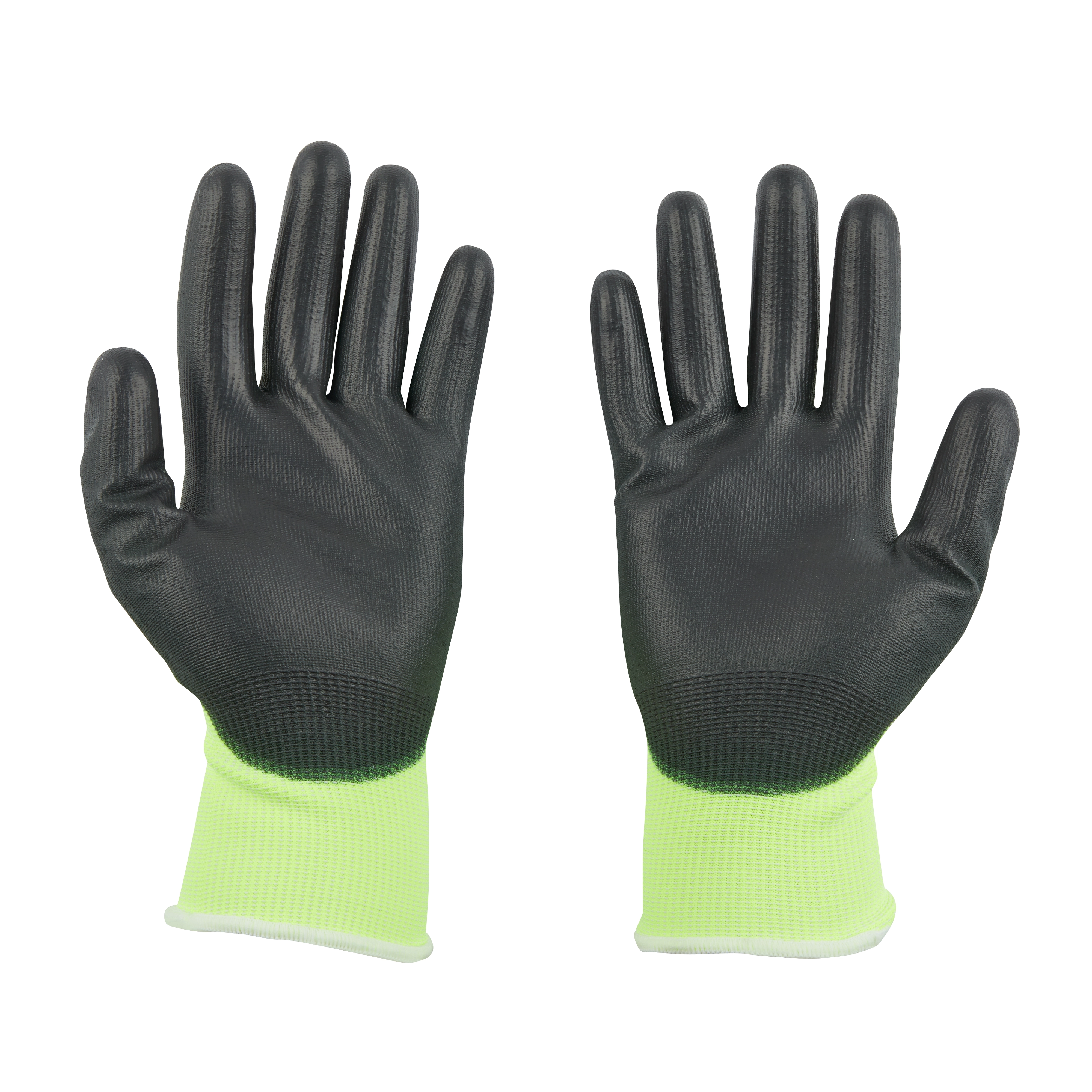 High Visibility Cut Level 1 Polyurethane Dipped Gloves, featuring black polyurethane coating on the palms and fingers with neon yellow knit wrist cuffs.