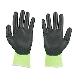 High Visibility Cut Level 1 Polyurethane Dipped Gloves, featuring black polyurethane coating on the palms and fingers with neon yellow knit wrist cuffs.