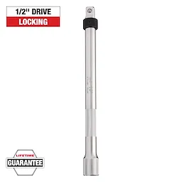 This image shows a 1/2" drive locking extension bar used for tightening and loosening nuts and bolts. The tool has a chrome finish, and there is a "Lifetime Guarantee" badge in the bottom left corner.