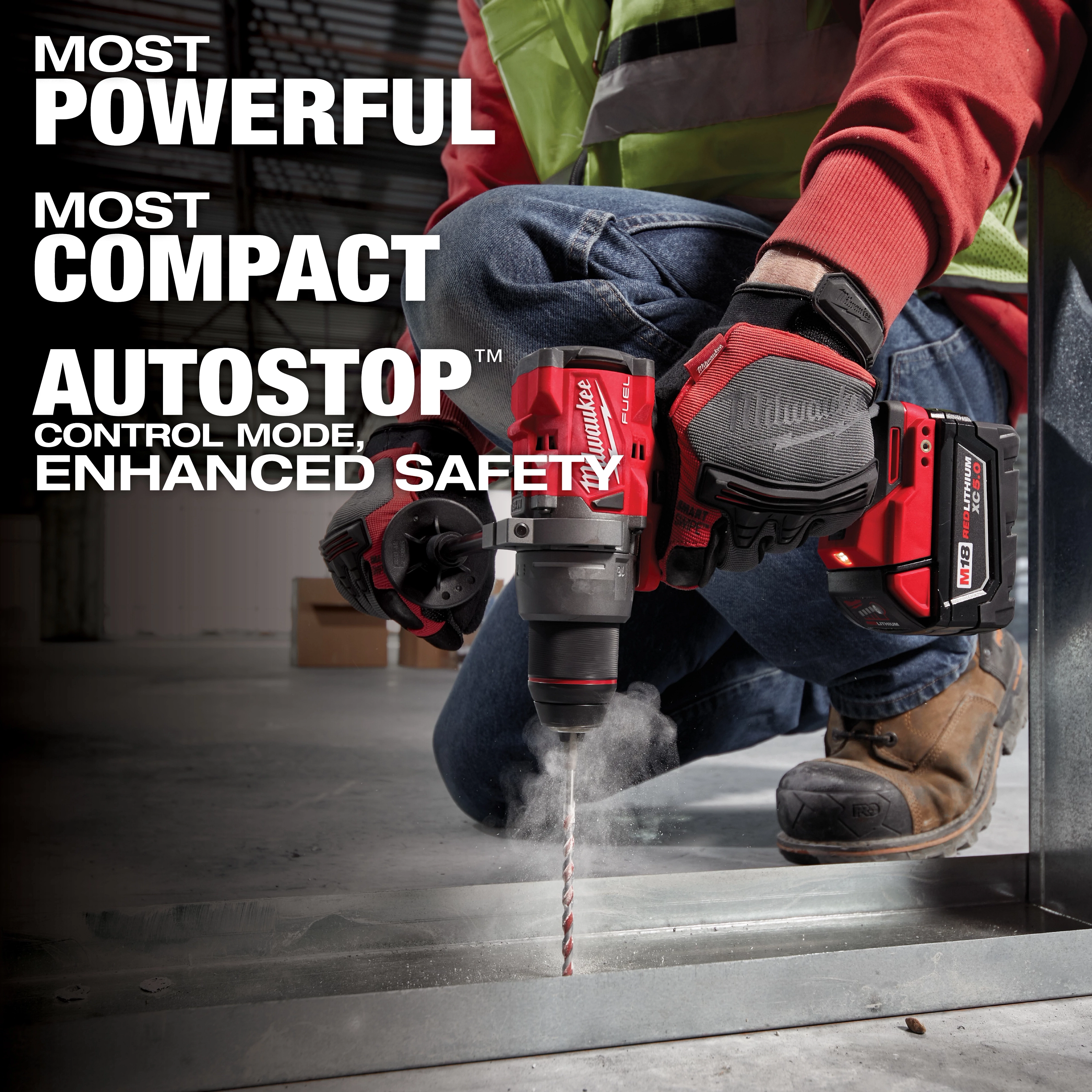 A person uses a powerful, compact M18 FUEL drill equipped with AUTOSTOP for enhanced safety while drilling into a metal surface.