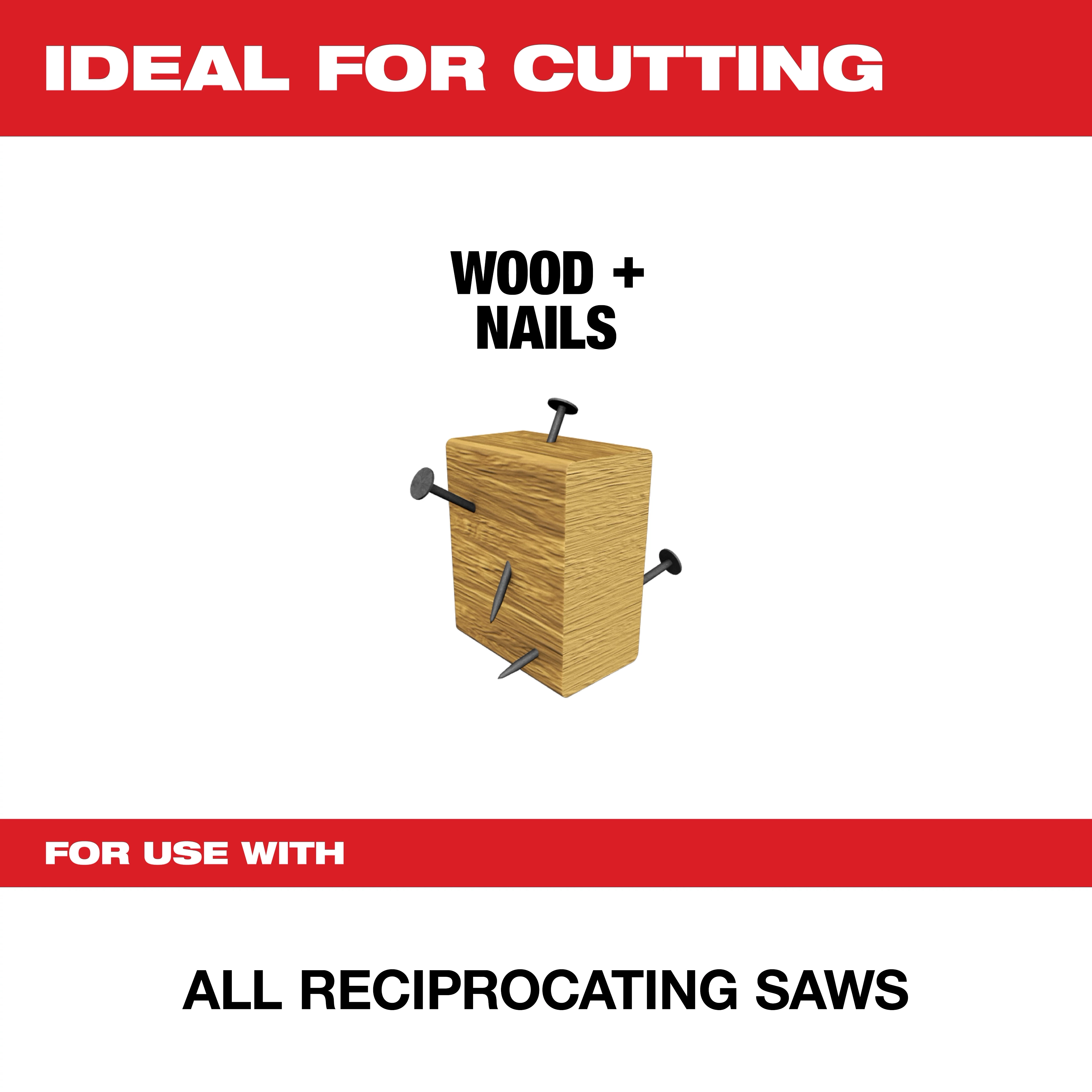 Ideal for cutting wood and nails with all reciprocating saws. The image shows a block of wood with several nails protruding from it, highlighting the product's capability to handle mixed materials efficiently. Text reads "Ideal for Cutting" at the top and "For Use with All Reciprocating Saws" at the bottom.