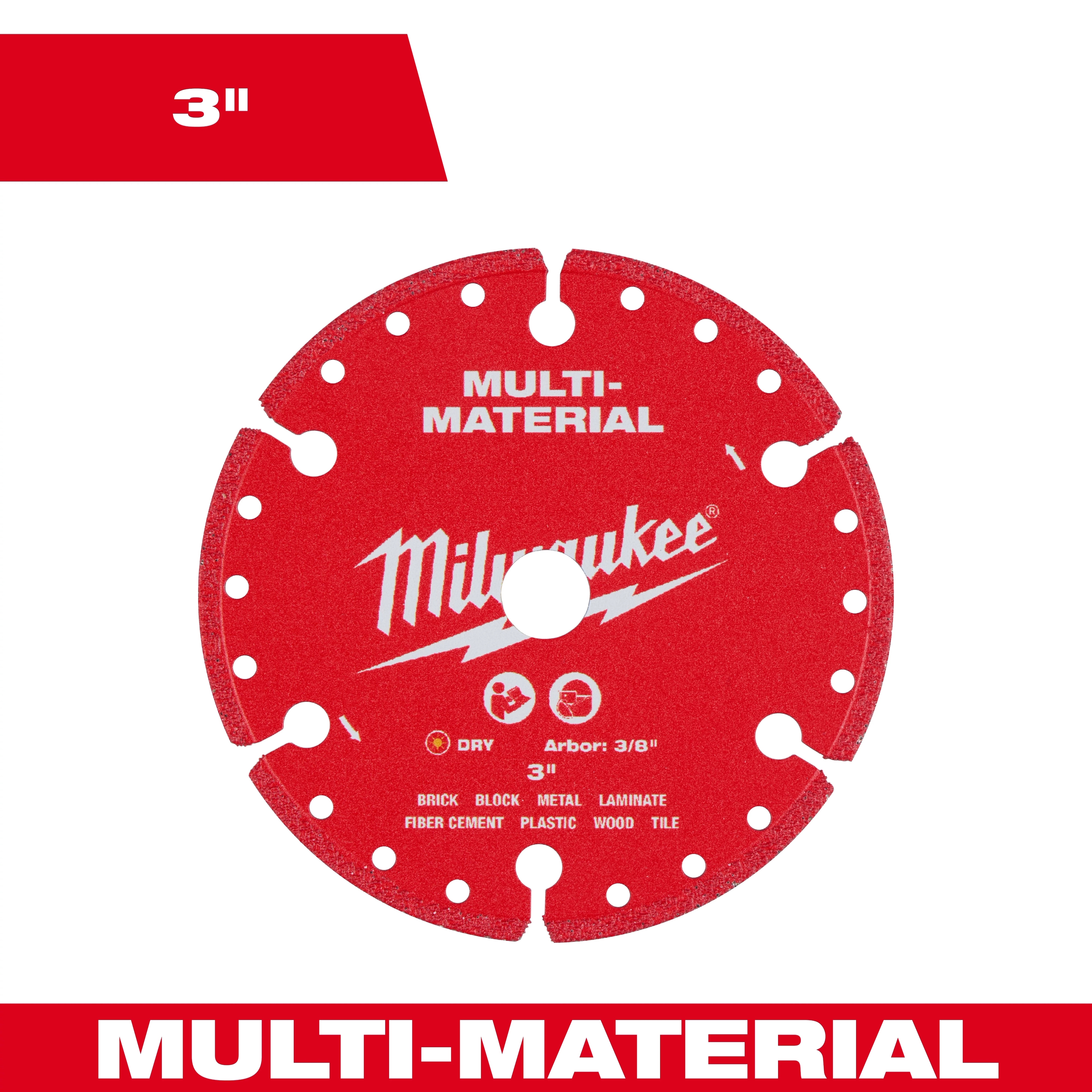 Red circular 3" Multi-Material Diamond Blade with center arbor hole and evenly spaced cutouts on a white background.