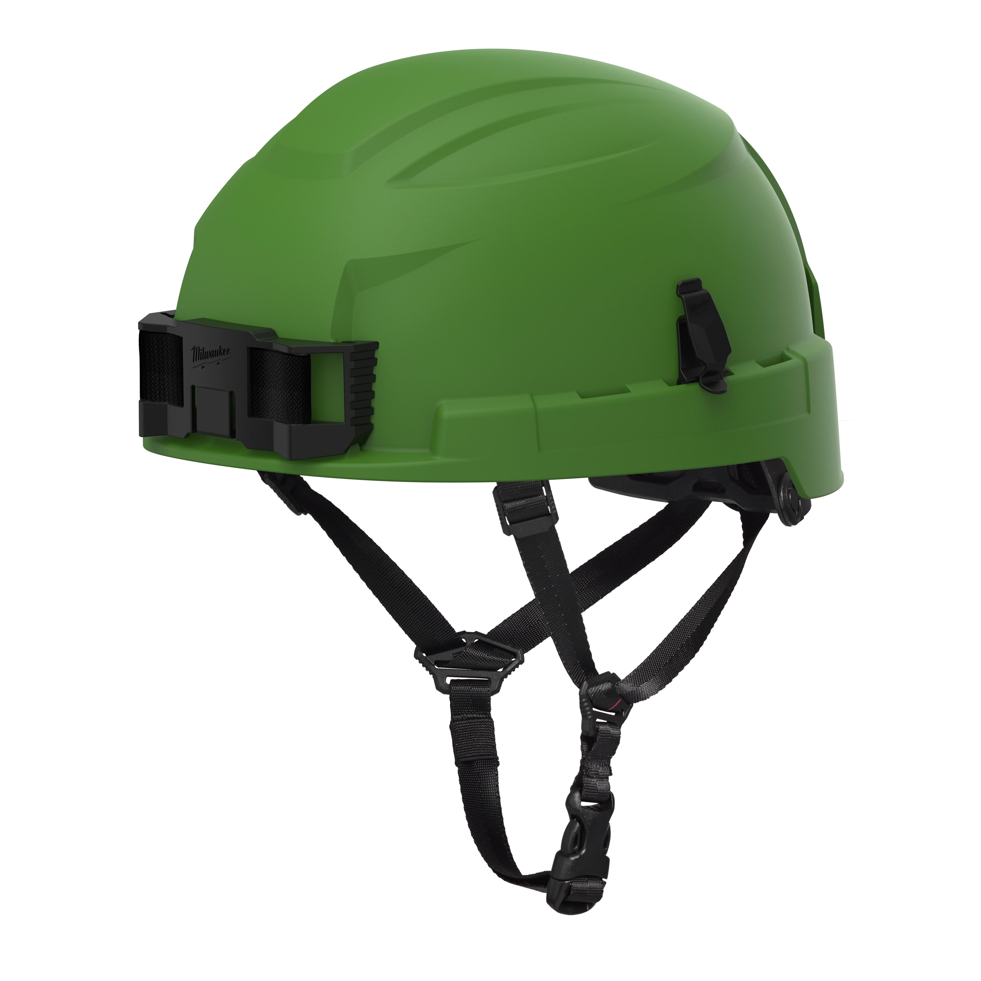 The BOLT™ Green Safety Helmet features a 4-point ratcheting suspension system for secure fit and comfort. This Type 2, Class E helmet provides superior head protection in construction environments. It includes a chin strap and mounting clips for accessories, designed for enhanced safety and versatility.