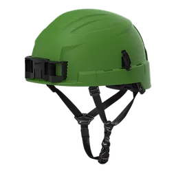 The BOLT™ Green Safety Helmet features a 4-point ratcheting suspension system for secure fit and comfort. This Type 2, Class E helmet provides superior head protection in construction environments. It includes a chin strap and mounting clips for accessories, designed for enhanced safety and versatility.
