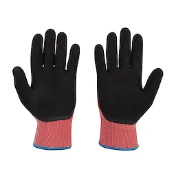 Cut Level 2 Winter Dipped Gloves - M, featuring black palms and fingers with red and grey patterned fabric cuffs.