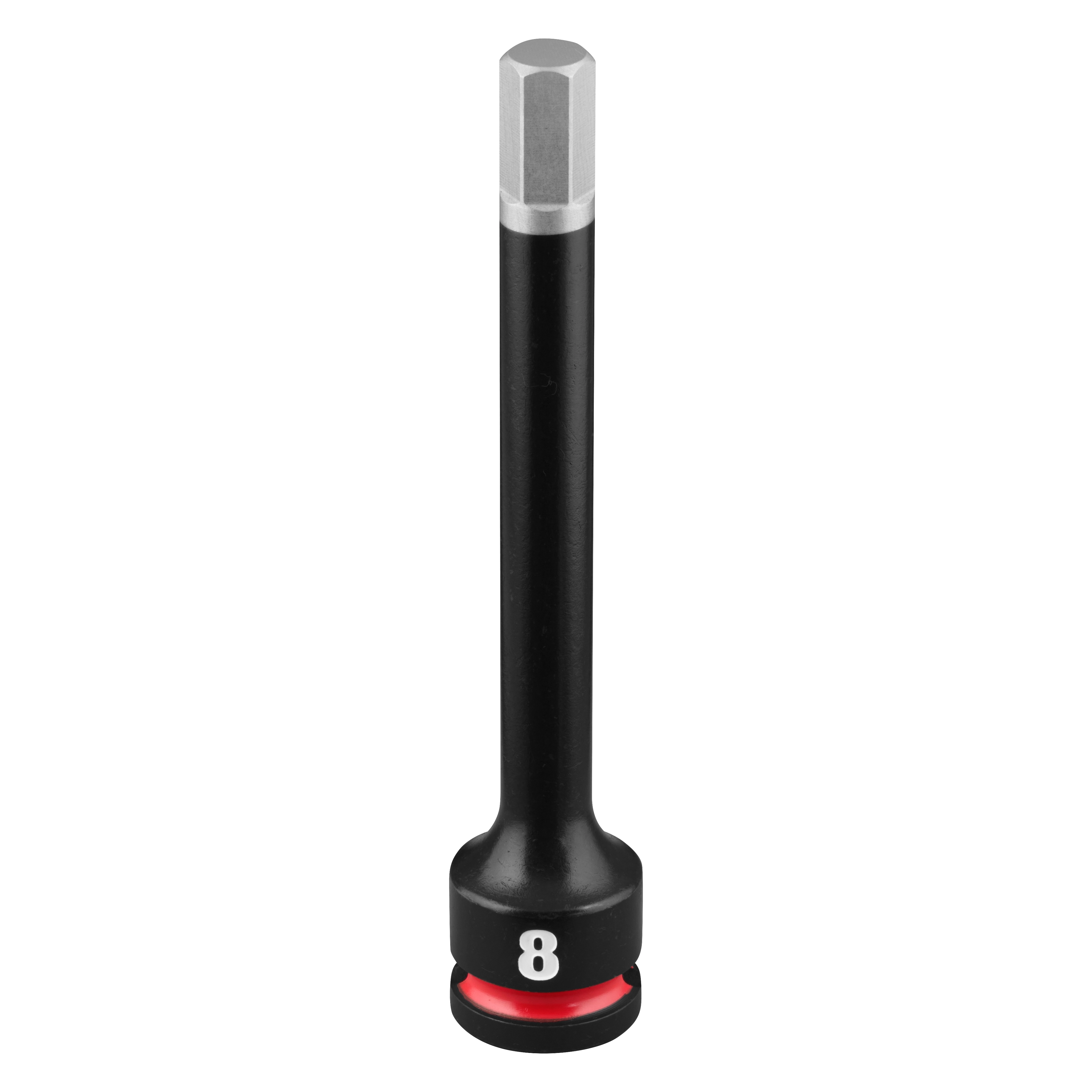 SHOCKWAVE Impact Duty 3/8" Drive 4" Hex 8mm Bit Socket standing upright on a plain background.