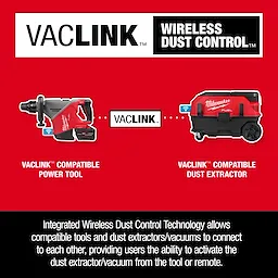 M18 FUEL 18 lb SDS MAX Demolition Hammer Kit w/ ONE-KEY linked to a VACLINK dust extractor on a red background.